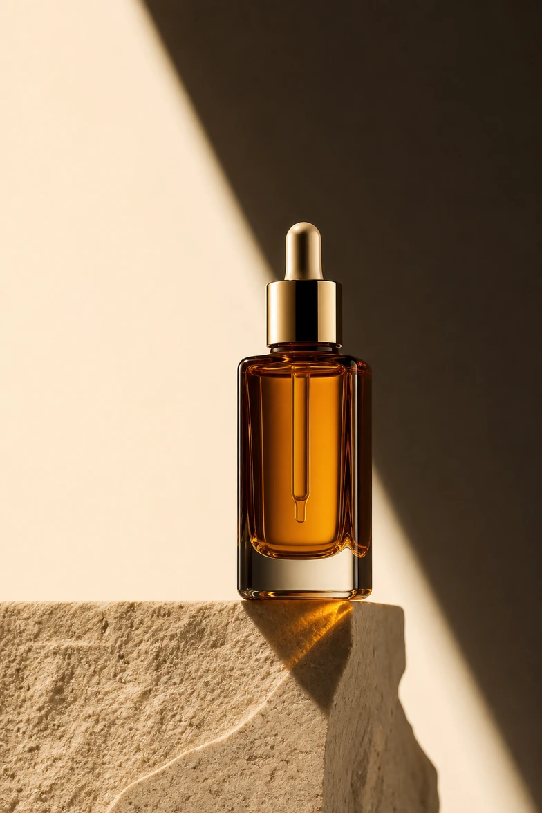 Amber night repair serum on stone pedestal