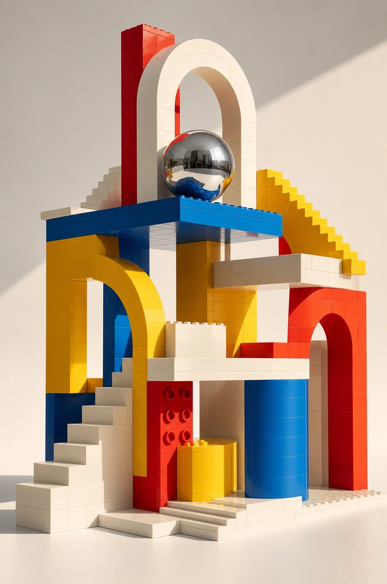Bauhaus monument built from oversized lego bricks