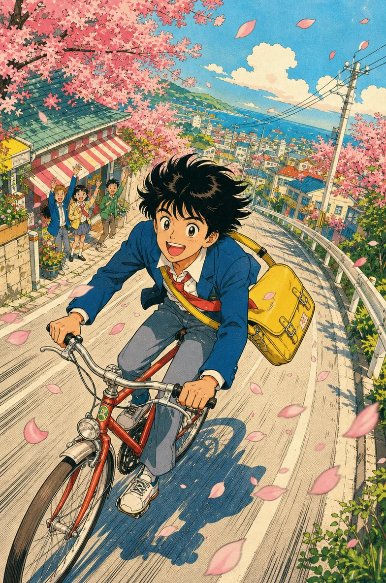 Cheerful student racing bicycle through spring neighborhood