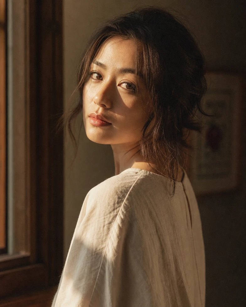 East asian woman golden hour window portrait