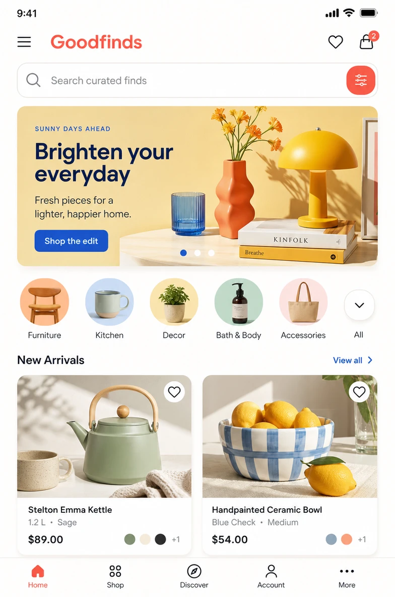 Modern lifestyle shopping app home screen