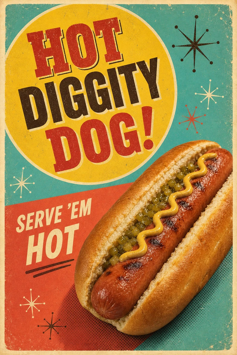 Retro hot dog advertisement