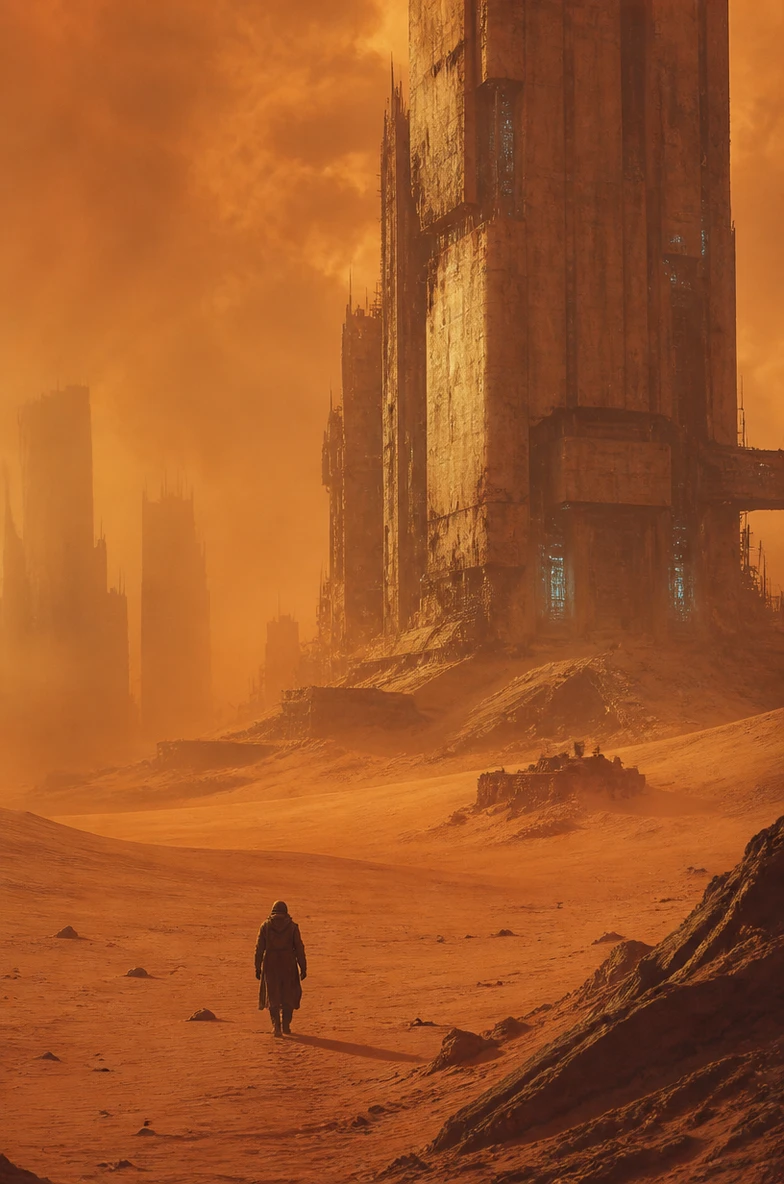 Solitary traveler crossing orange future desert
