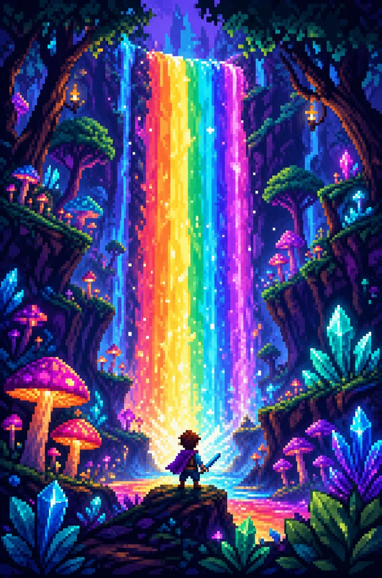 Tiny adventurer before rainbow waterfall pixel art