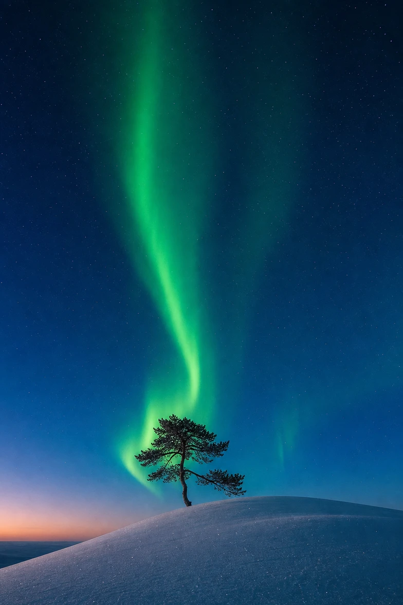 Wind shaped pine under emerald aurora