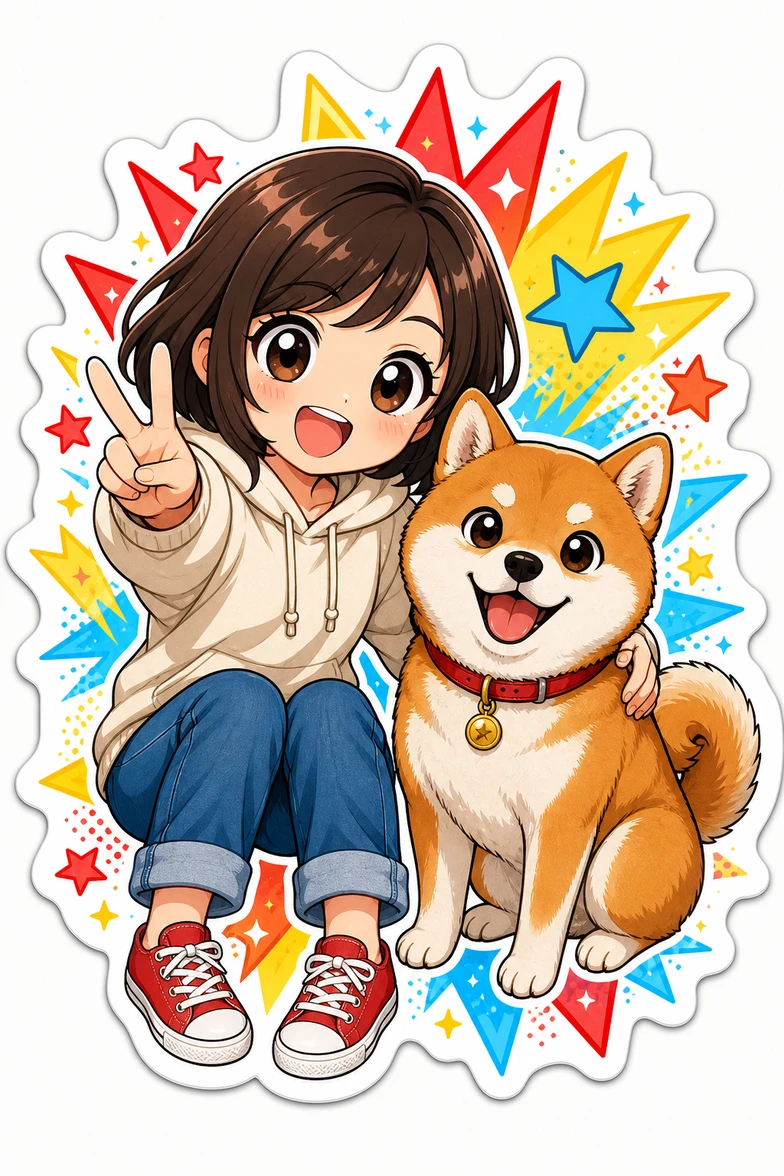 Young woman and shiba inu chibi sticker